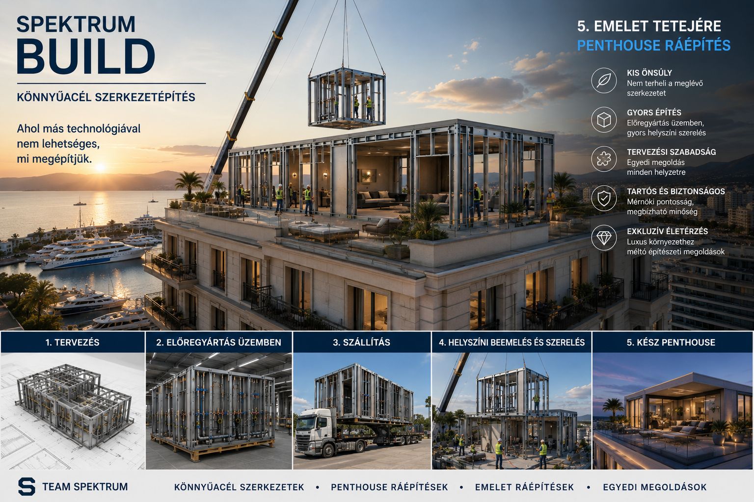SPEKTRUM BUILD könnyűacél penthouse-ráépítés meglévő épület tetején