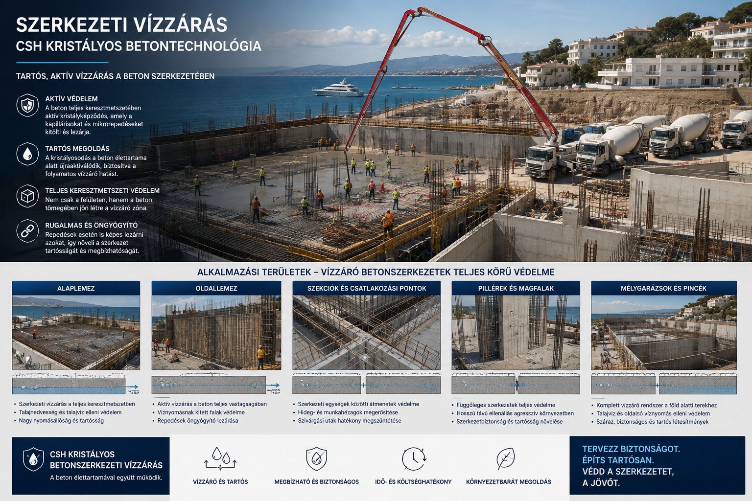 CSH kristályos betontechnológia alkalmazása vasbeton alaplemez vízzárásához