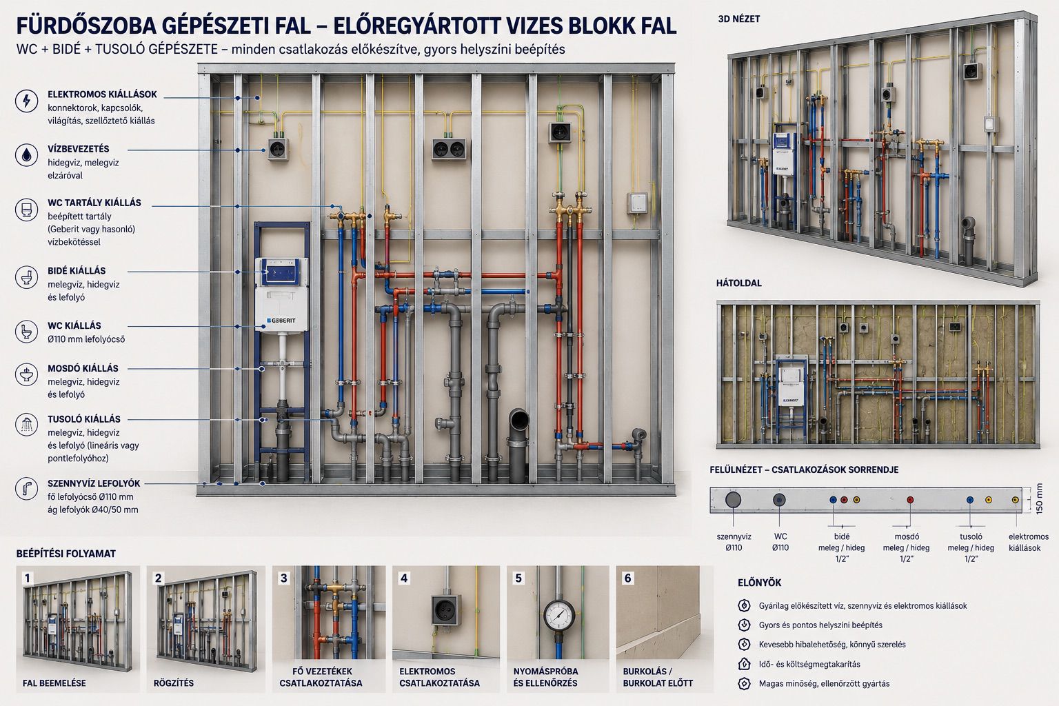 Előregyártott fürdőszobai gépészeti fal WC-, bidé- és tusolócsatlakozásokkal
