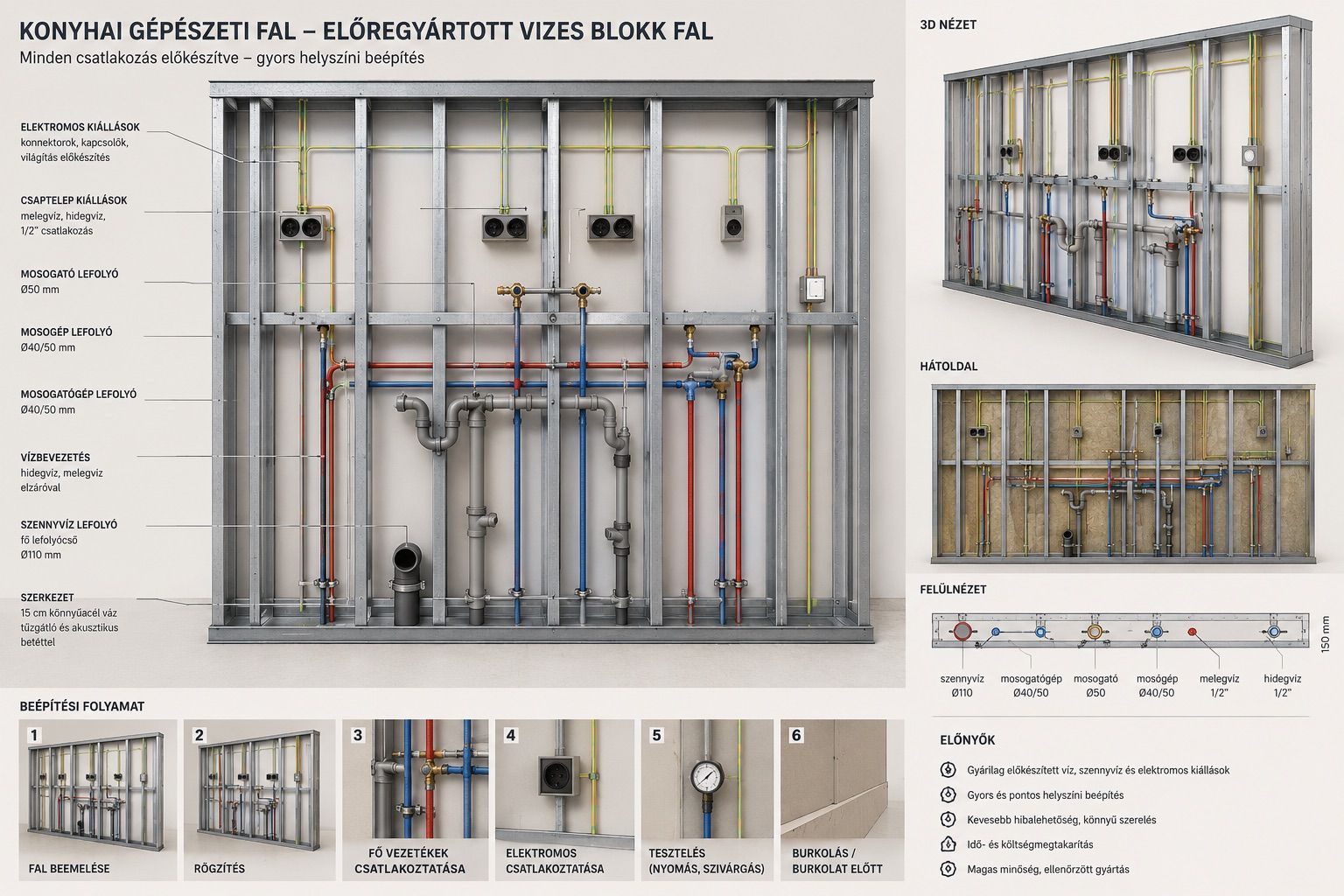 Előregyártott konyhai gépészeti fal víz-, lefolyó- és elektromos csatlakozásokkal