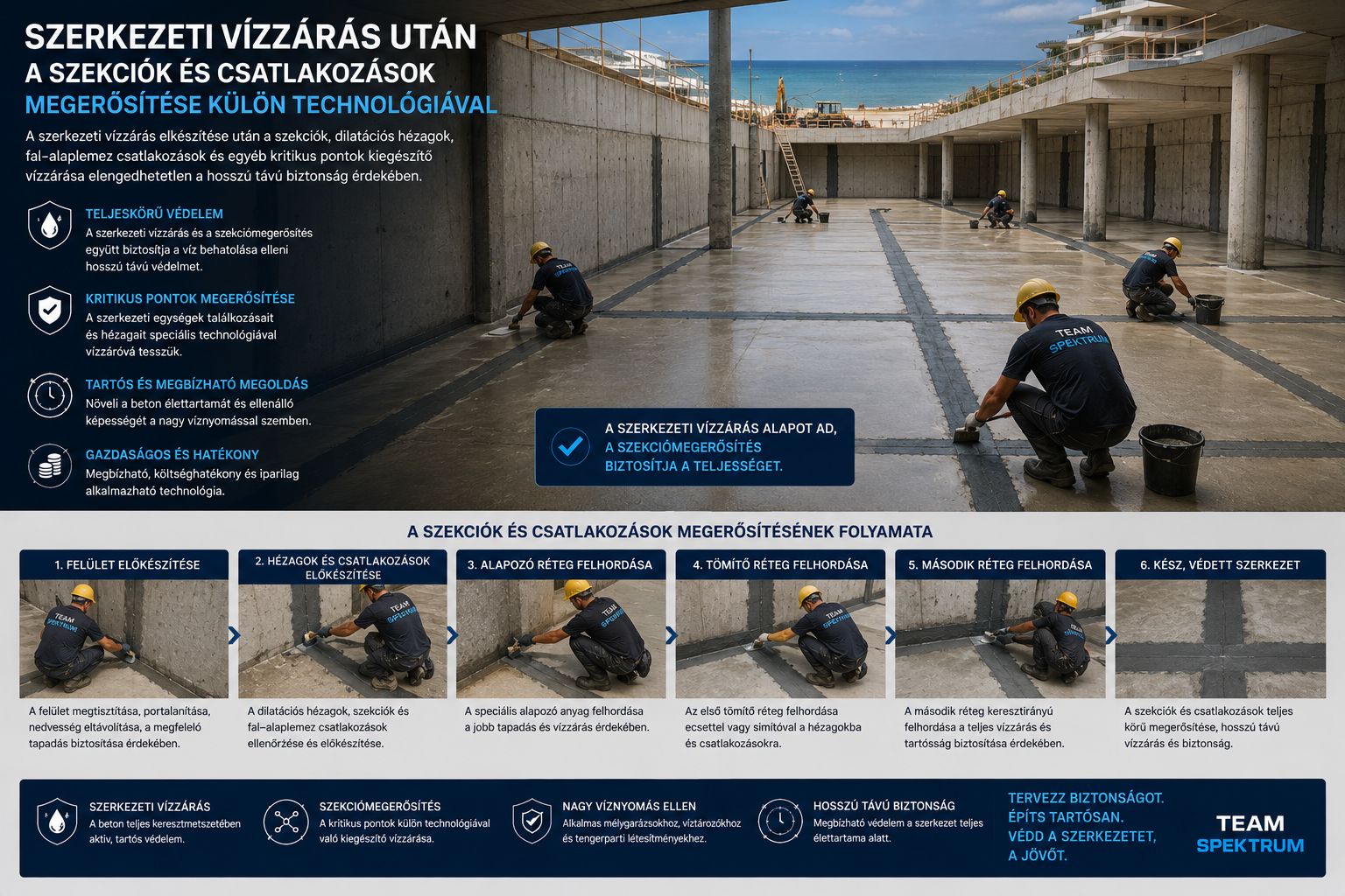 Betonszerkezeti szekciók és csatlakozások vízzáró megerősítésének folyamata
