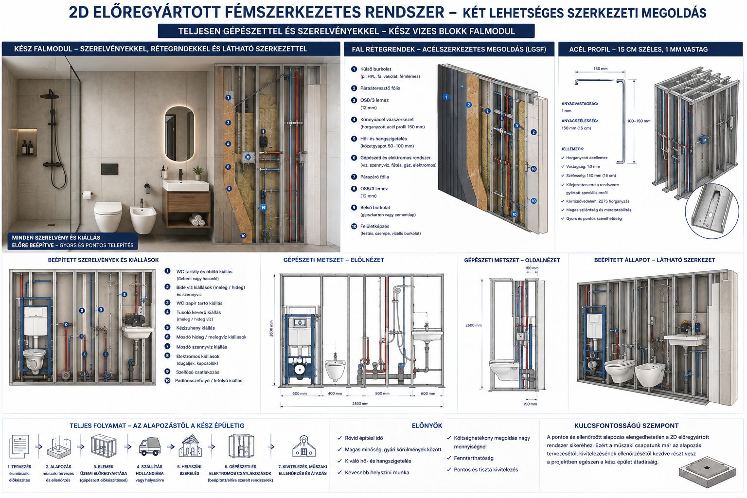 Könnyűacél vizesblokk-falmodul beépített gépészeti szerelvényekkel