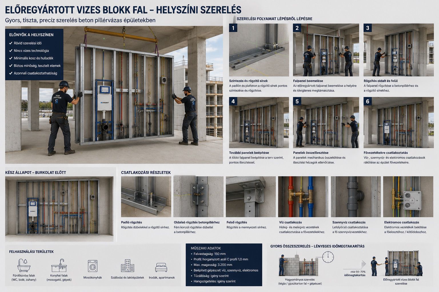 Előregyártott vizesblokk-fal helyszíni szerelésének és csatlakoztatásának lépései