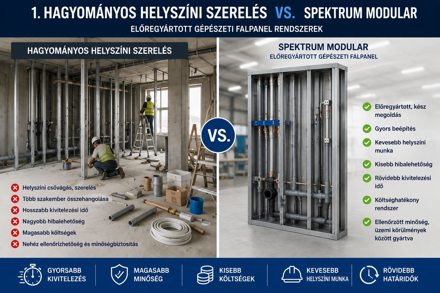 Hagyományos helyszíni gépészeti szerelés és SPEKTRUM MODULAR összehasonlítása
