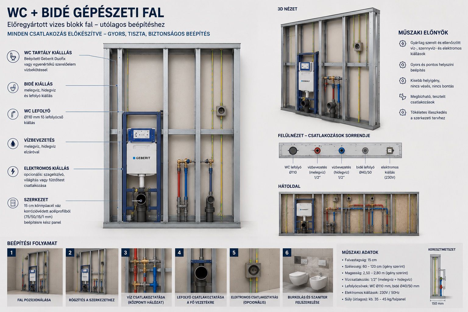 Előregyártott WC- és bidé-gépészeti fal utólagos beépítéshez